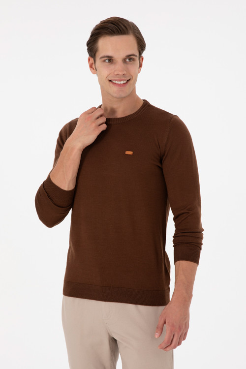 Erkek Slim Fit Bisiklet Yaka Kahverengi Kazak 50297040-VR158