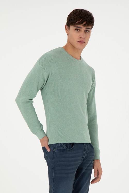 Erkek Regular Fit Bisiklet Yaka Yeşil Melanj Basic Kazak 50298267-VR115
