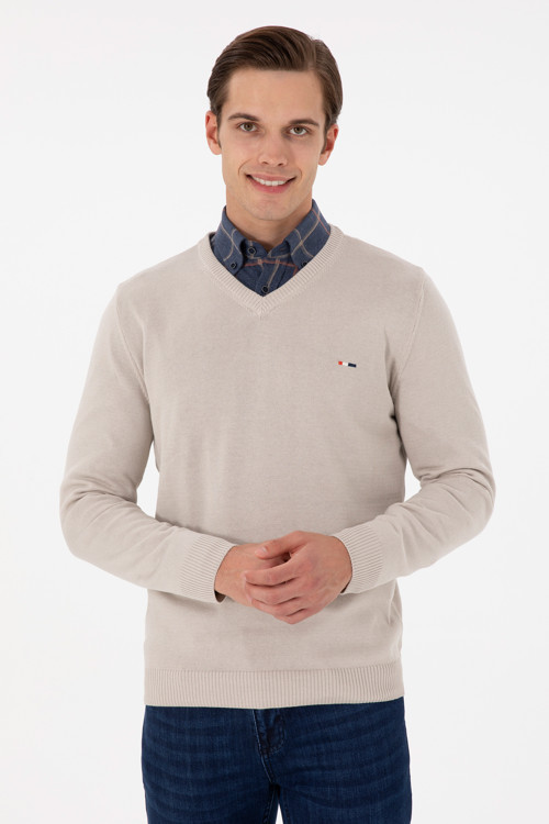 Erkek Slim Fit V Yaka Taş Basic Kazak 50298283-VR049