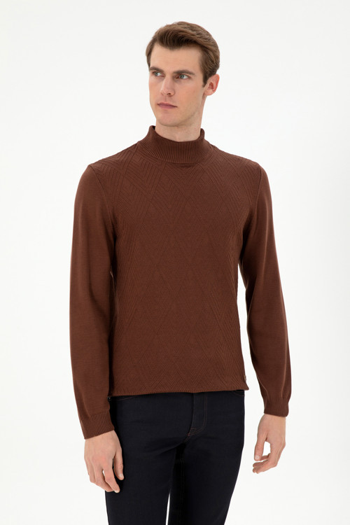 Erkek Slim Fit Yarım Balıkçı Yaka Kahverengi Kazak 50297038-VR029