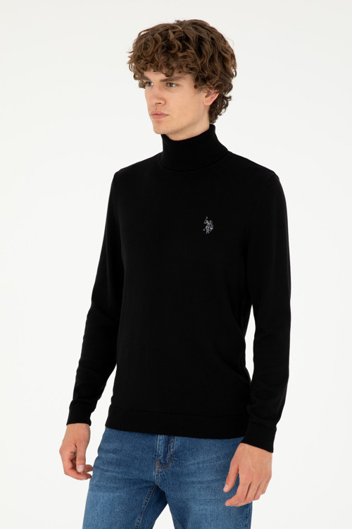 Erkek Slim Fit Boğazlı Yaka Siyah Basic Kazak 50293523-VR046