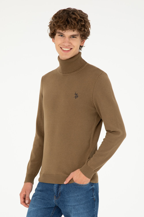 Erkek Slim Fit Boğazlı Yaka Haki Basic Kazak 50293523-VR027