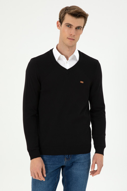 Erkek Slim Fit V Yaka Siyah Kazak 50297063-VR046