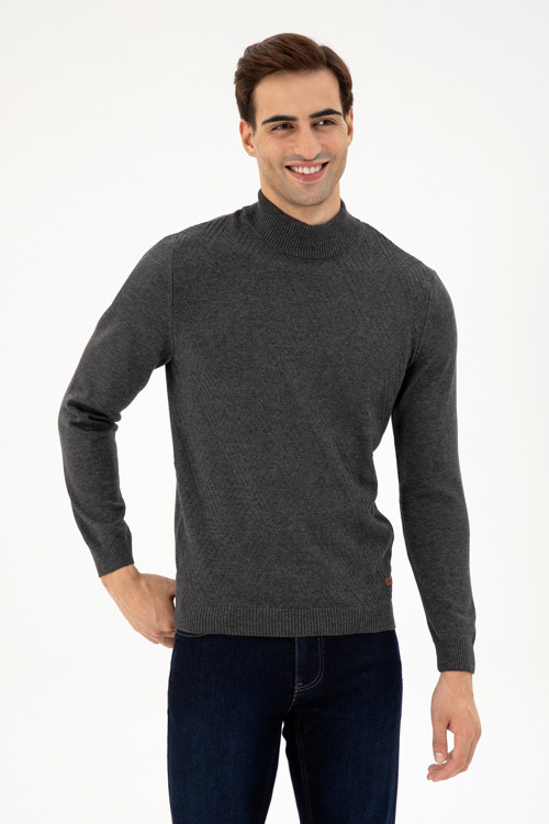 Erkek Slim Fit Yarım Balıkçı Yaka Antrasit Melanj Kazak 50297038-VR081