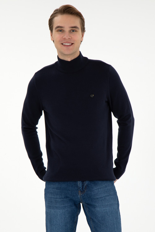 Erkek Slim Fit Yarım Balıkçı Yaka Lacivert Basic Kazak 50294771-VR033