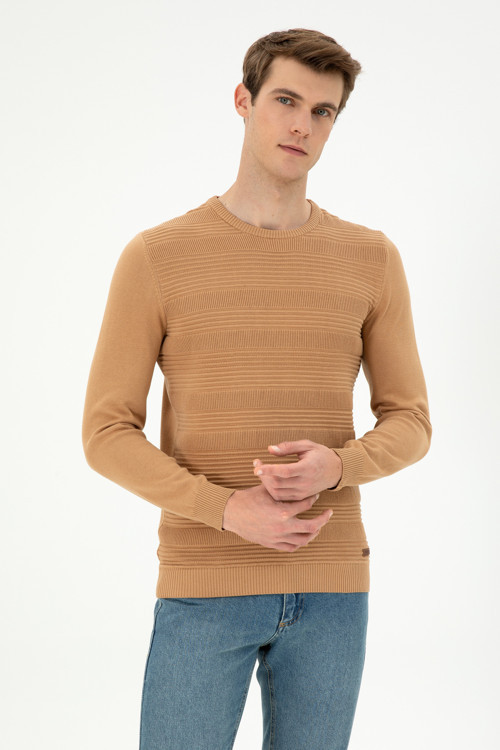 Erkek Slim Fit Bisiklet Yaka Camel Kazak 50297064-VR015
