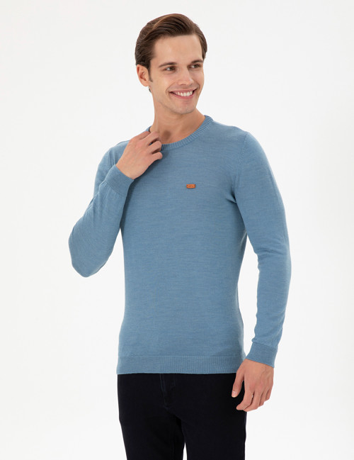 Erkek Slim Fit Bisiklet Yaka Mavi Kazak 50297040-VR251