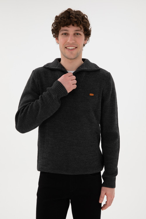 Erkek Regular Fit Yarım Fermuarlı Antrasit Kazak 50297047-VR006