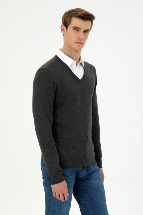 Erkek Slim Fit V Yaka Antrasit Melanj Basic Kazak 50294764-VR081
