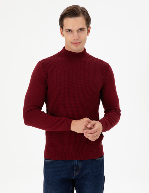 Erkek Slim Fit Yarım Balıkçı Yaka Bordo Kazak 50297054-VR014