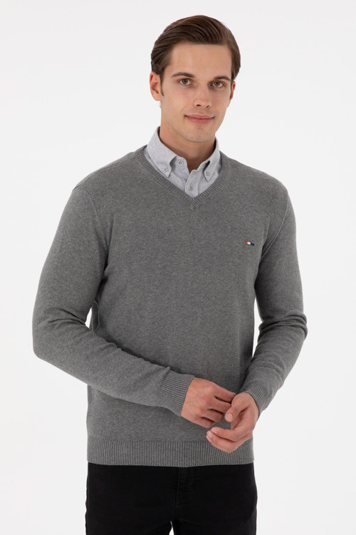 Erkek Slim Fit V Yaka Gri Melanj Kazak 50298283-VR086