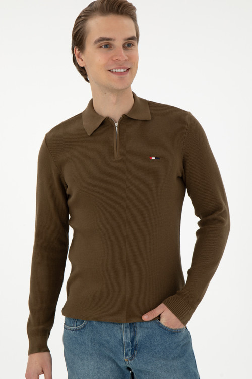 Erkek Regular Fit Yarım Fermuarlı Haki Basic Kazak 50298266-VR027