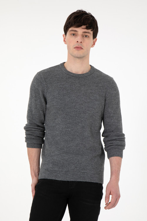 Erkek Regular Fit Bisiklet Yaka Gri Melanj Kazak 50297049-VR086