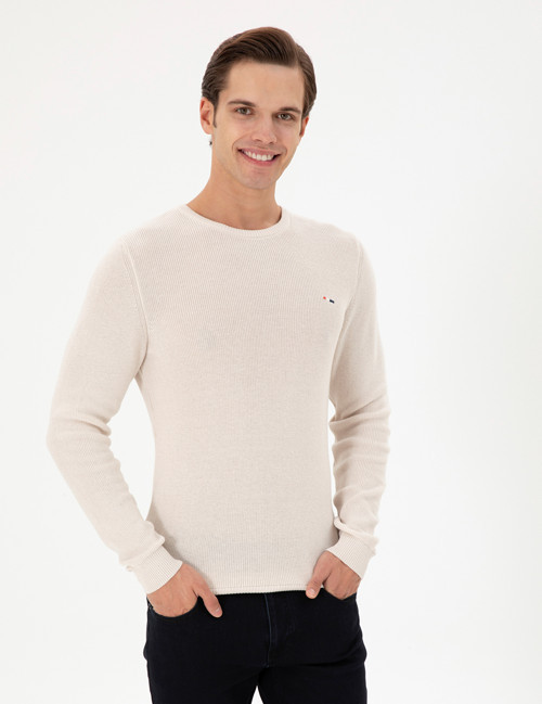 Erkek Slim Fit Bisiklet Yaka Krem Basic Kazak 50298282-VR071