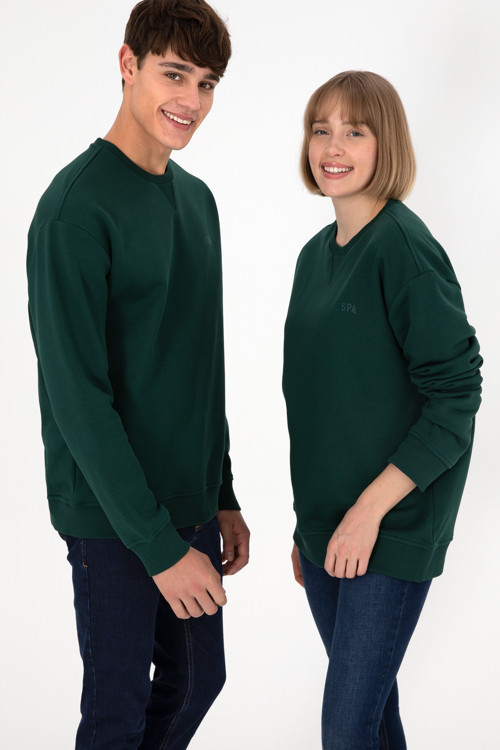 Erkek Bisiklet Yaka Koyu Yeşil Basic Şardonlu Sweatshirt 50295148-VR079