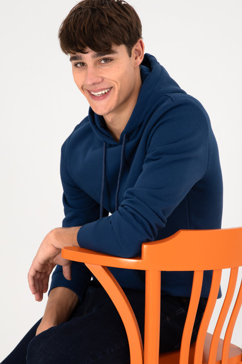 Regular Fit Kapüşonlu Şardonlu İndigo Basic Sweatshirt 50295176-VR028