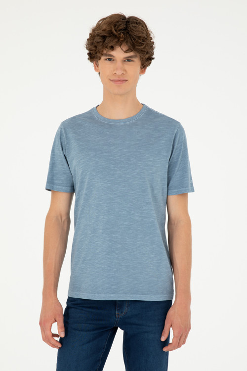 Erkek Regular Fit Bisiklet Yaka İndigo Basic Tişört 50279578-VR028