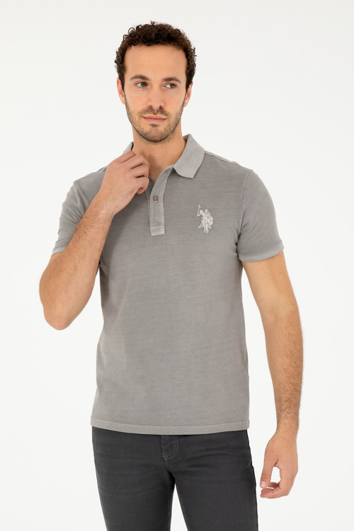 Erkek Slim Fit Polo Yaka Koyu Gri Basic Tişört 50279591-VR080
