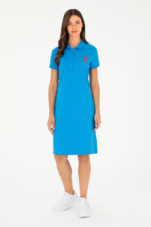 Kadın Saks Polo Yaka Mini Boy Örme Elbise 50280064-VR045