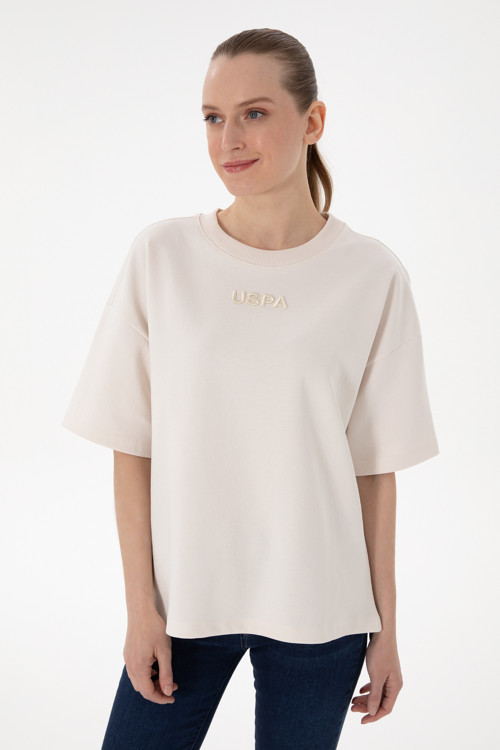 Kadın Krem Oversize Bisiklet Yaka Tişört 50294482-VR071