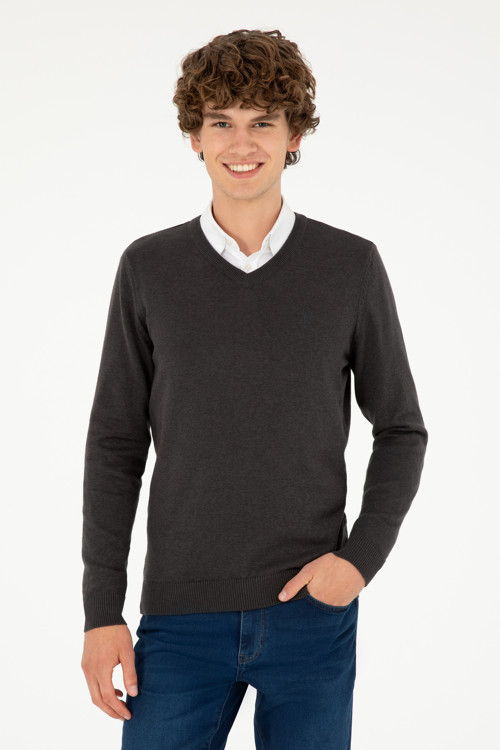 Erkek Slim Fit V Yaka Antrasit Melanj Basic Kazak 50293512-VR081