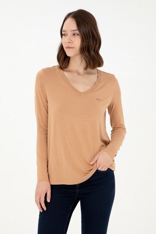Kadın Camel V Yaka Sweatshirt 50289542-VR015