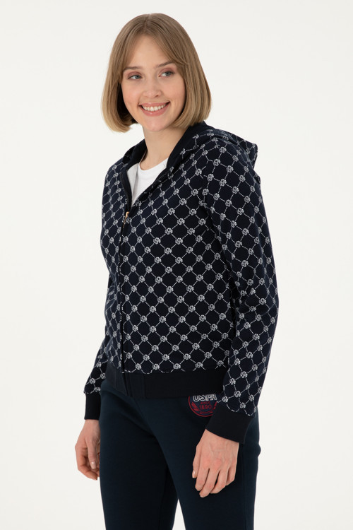Kadın Desenli Lacivert Kapüşonlu Sweatshirt 50291263-VR033