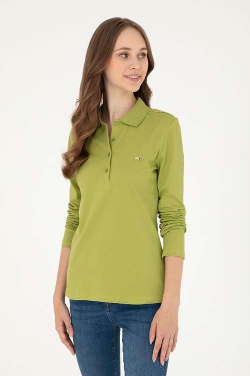 Kadın Fıstık Yeşili Basic Polo Yaka Sweatshirt 50296941-VR087