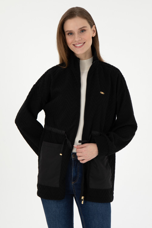 Kadın Siyah Fermuarlı Dik Yaka Sweatshirt 50297364-VR046