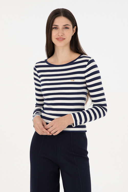 Kadın Lacivert Çizgili Bisiklet Yaka Sweatshirt 50299102-VR033