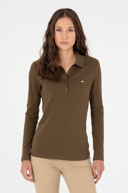 Kadın Haki Basic Polo Yaka Sweatshirt 50296941-VR027