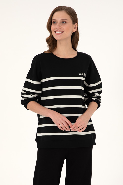 Kadın Siyah Çizgili Bisiklet Yaka Sweatshirt 50297279-VR046