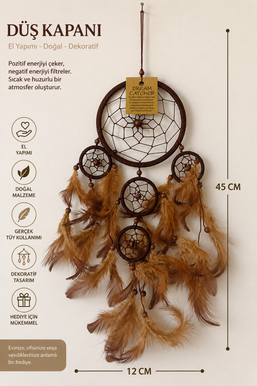 Renkli Tüylü Küçük Boy Düş Kapanı (Dream Catcher) Duvar Süsü – El Yapımı Bohem Dekorasyon