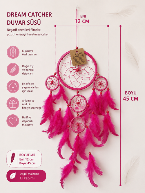 Renkli Tüylü Küçük Boy Düş Kapanı (Dream Catcher) Duvar Süsü – El Yapımı Bohem Dekorasyon
