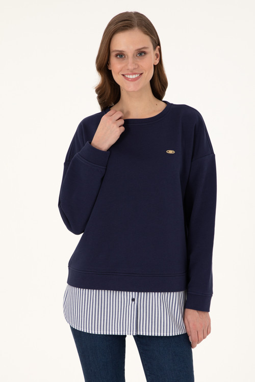 Kadın Lacivert Gömlek Detaylı Bisiklet Yaka Sweatshirt 50299007-VR033