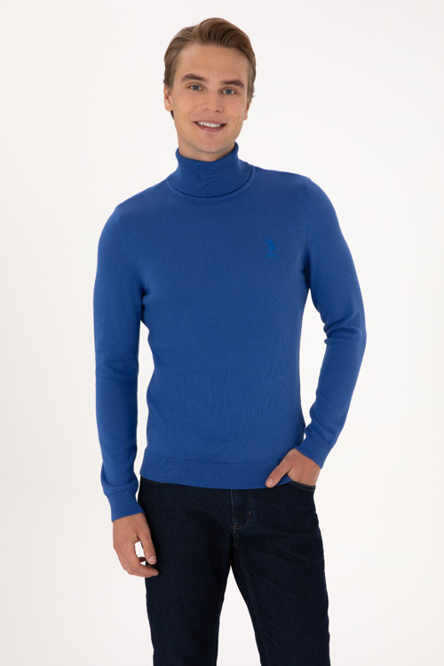 Erkek Slim Fit Boğazlı Yaka Saks Basic Kazak 50288884-VR045