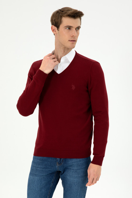 Erkek Slim Fit V Yaka Bordo Basic Kazak 50294764-VR014