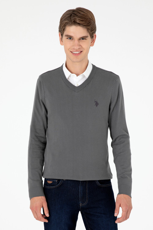 Erkek Slim Fit V Yaka Antrasit Basic Kazak 50293512-VR006
