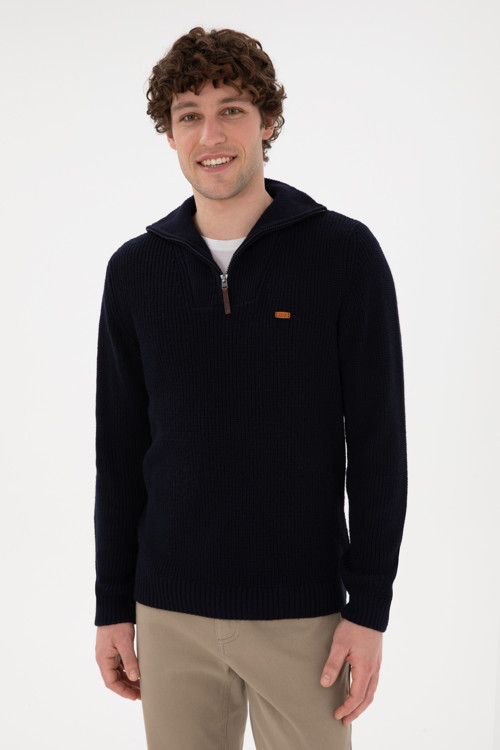 Erkek Regular Fit Yarım Fermuarlı Lacivert Kazak 50297047-VR033