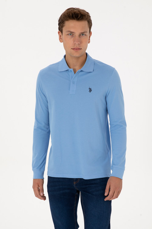 Erkek Regular Fit Polo Yaka Açık Mavi Basic Sweatshirt 50307688-VR003