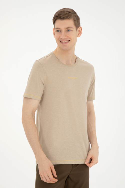 Erkek Regular Fit Bisiklet Yaka Açık Haki Tişört 50281052-VR183