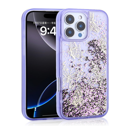 iPhone 12 Pro Kılıf Kelebek Desenli Simli Sıvılı Kamera Yükseltili Silikon