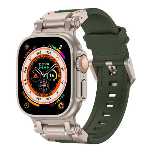 Watch Ultra 49mm KRD-101 Titanyum Metal Başlıklı Silikon Kordon - Yeşil-Titanyum