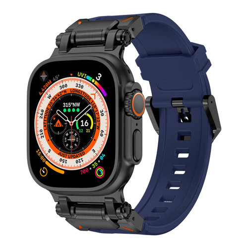 Watch Ultra 49mm KRD-101 Titanyum Metal Başlıklı Silikon Kordon - Siyah-Mavi