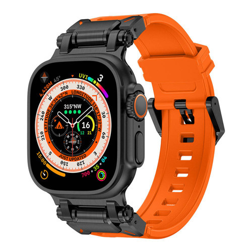 Watch Ultra 49mm KRD-101 Titanyum Metal Başlıklı Silikon Kordon - Siyah-Turuncu