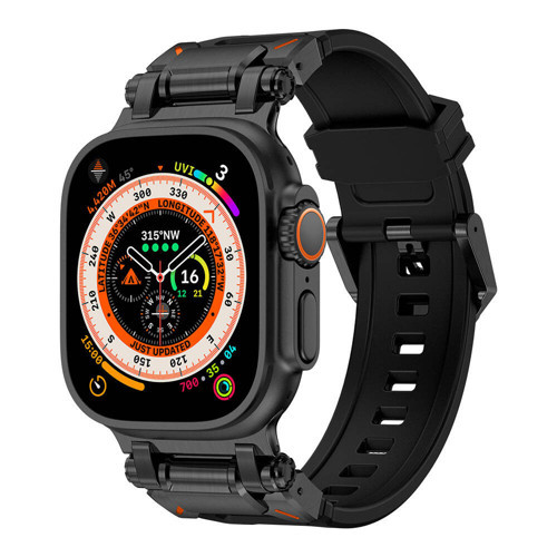 Watch Ultra 49mm KRD-101 Titanyum Metal Başlıklı Silikon Kordon - Siyah