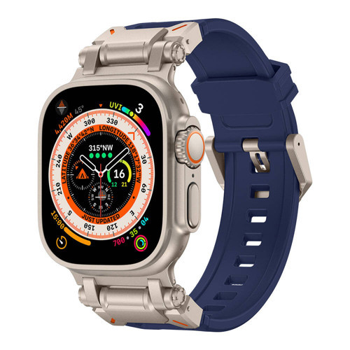 Watch Ultra 49mm KRD-101 Titanyum Metal Başlıklı Silikon Kordon - Mavi-Titanyum