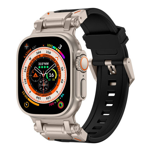 Watch Ultra 49mm KRD-101 Titanyum Metal Başlıklı Silikon Kordon - Siyah-Titanyum
