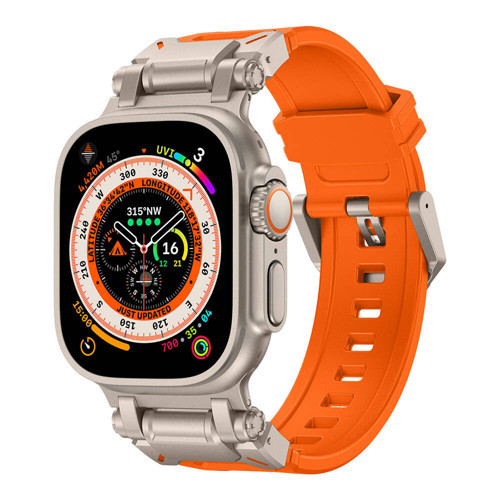 Watch Ultra 49mm KRD-101 Titanyum Metal Başlıklı Silikon Kordon - Turuncu-Titanyum