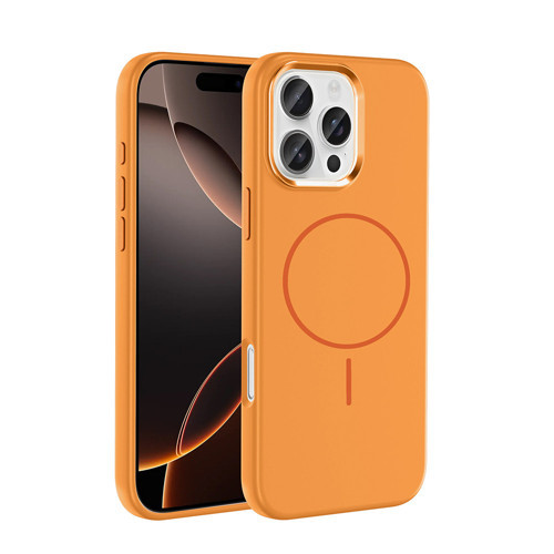 iPhone 16 Pro Kılıf M-Safe Şarj Özellikli Metal Kamera Çerçeveli Edi Silikon Kılıf - Turuncu